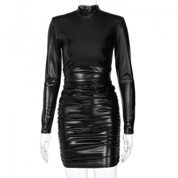 PU Pleated Patchwork Mock Neck Long Sleeve Dress Black Sexy Chic Slim Dresses For Women Autumn Leather